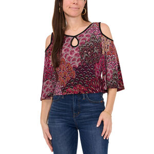 Sam & Jess Women's Medium Petite Purple Paisley Cold-Shoulder Knit Top NWT